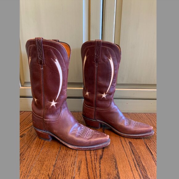 Lucchese Ladies 12" Classic Honey Leather Boot w/ Shooting Star Inlay Size 8.5B - Picture 1 of 10